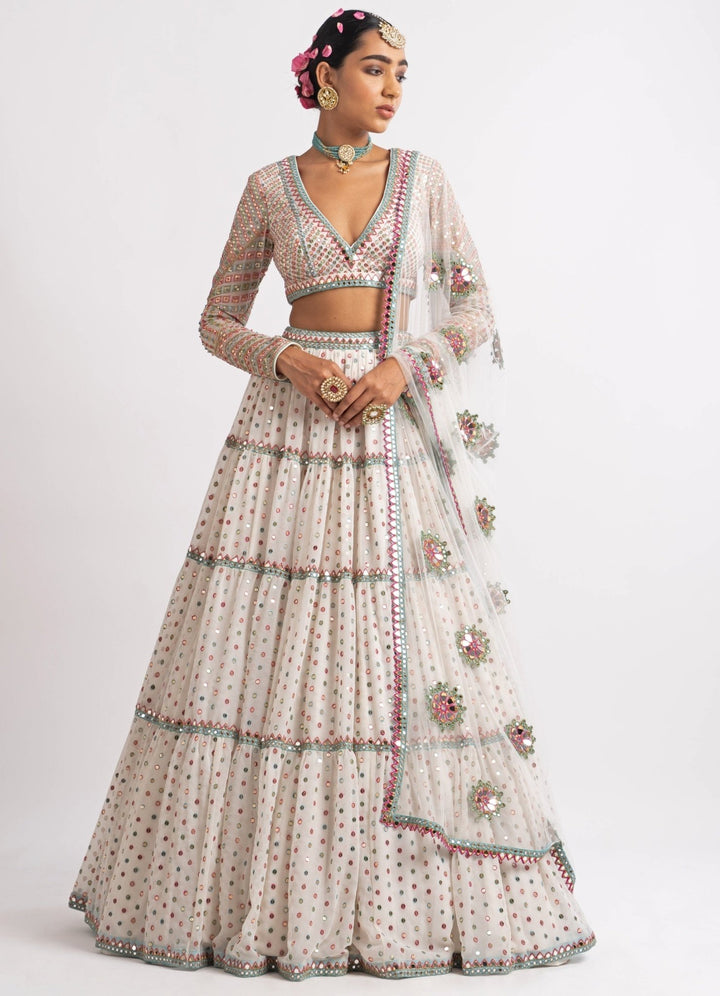 White Tiered V Neck Multicolour Lehenga Set Vvani by Vani Vats - Fabilicious Fashion
