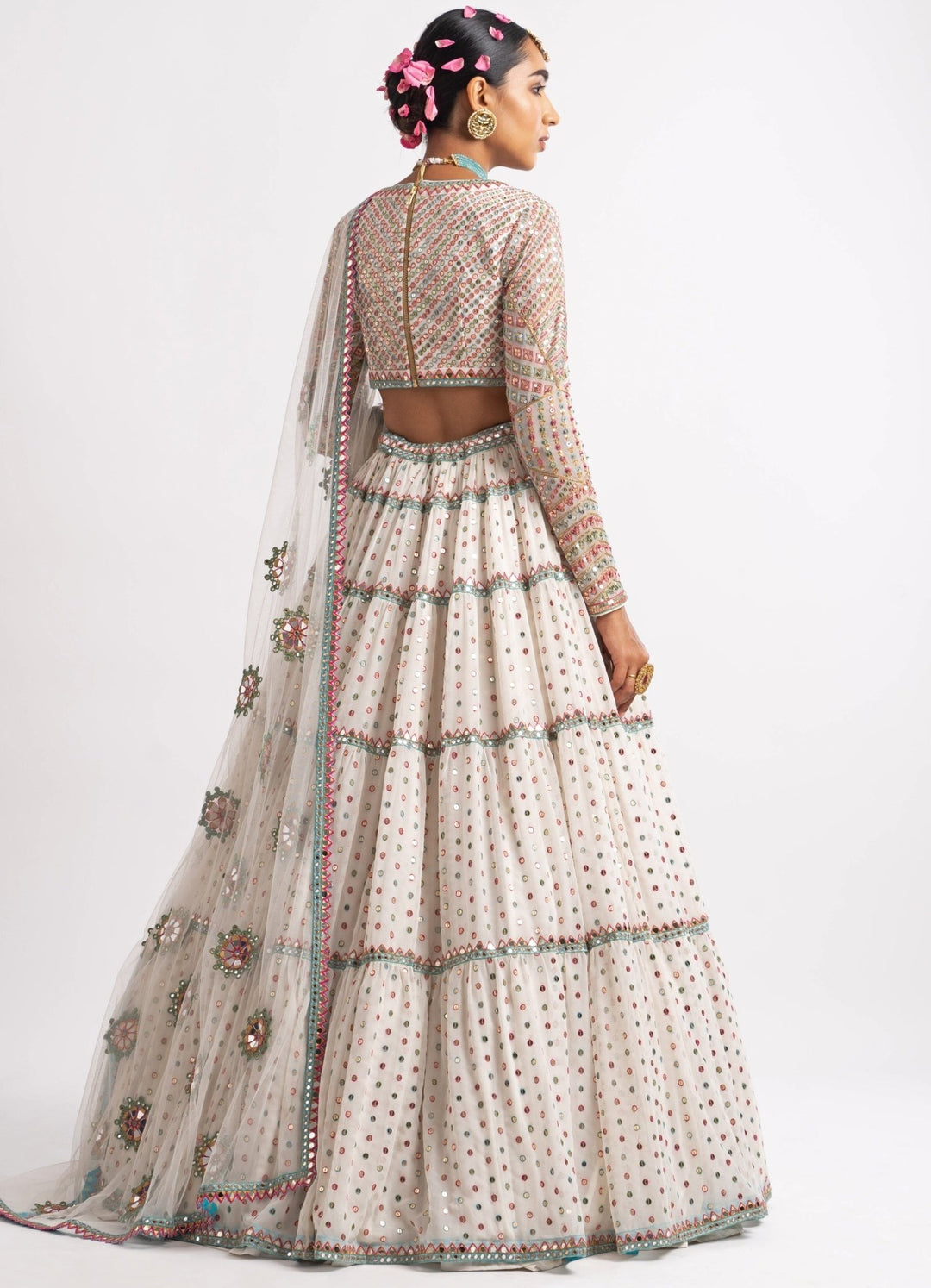 White Tiered V Neck Multicolour Lehenga Set Vvani by Vani Vats - Fabilicious Fashion
