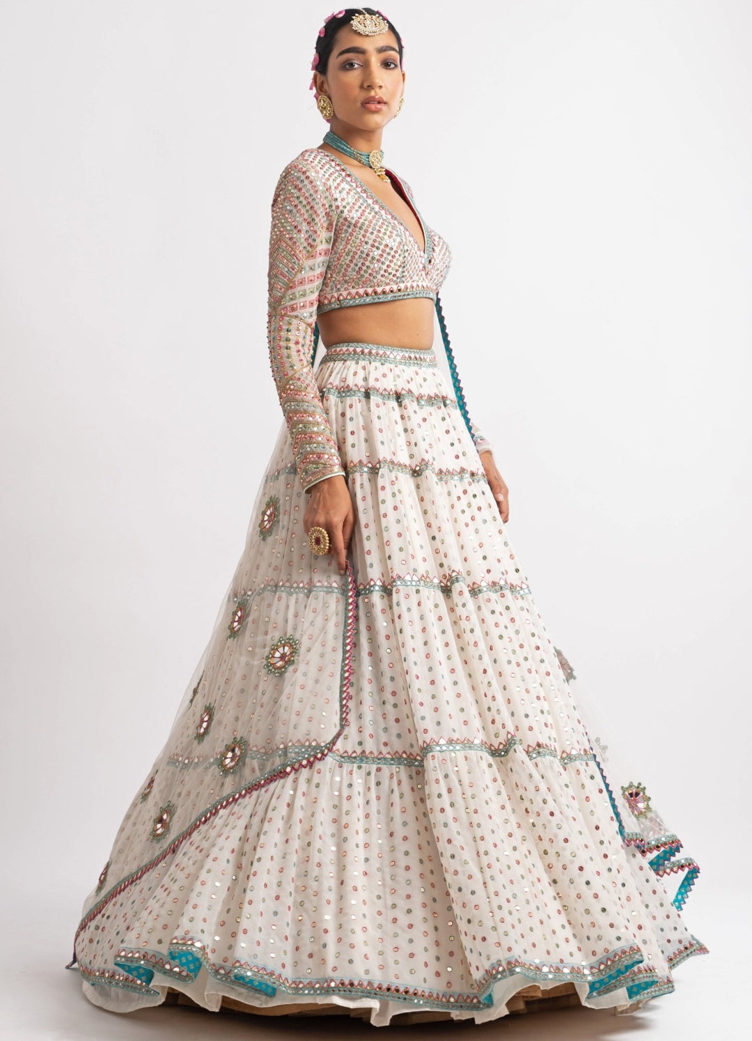 White Tiered V Neck Multicolour Lehenga Set Vvani by Vani Vats - Fabilicious Fashion