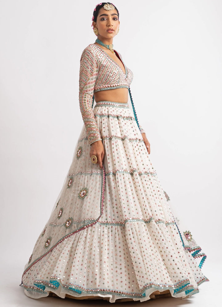White Tiered V Neck Multicolour Lehenga Set Vvani by Vani Vats - Fabilicious Fashion