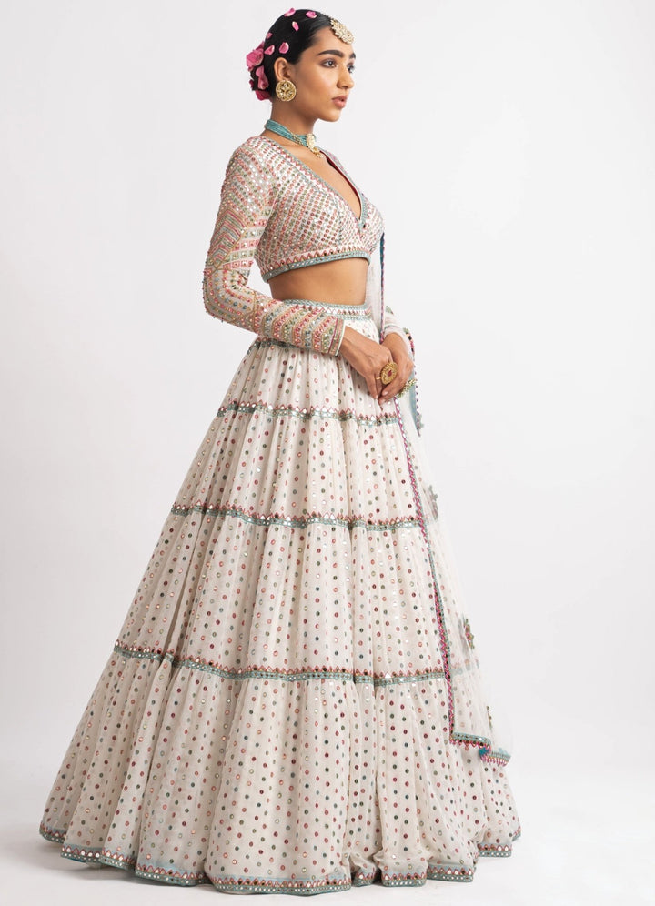 White Tiered V Neck Multicolour Lehenga Set Vvani by Vani Vats - Fabilicious Fashion