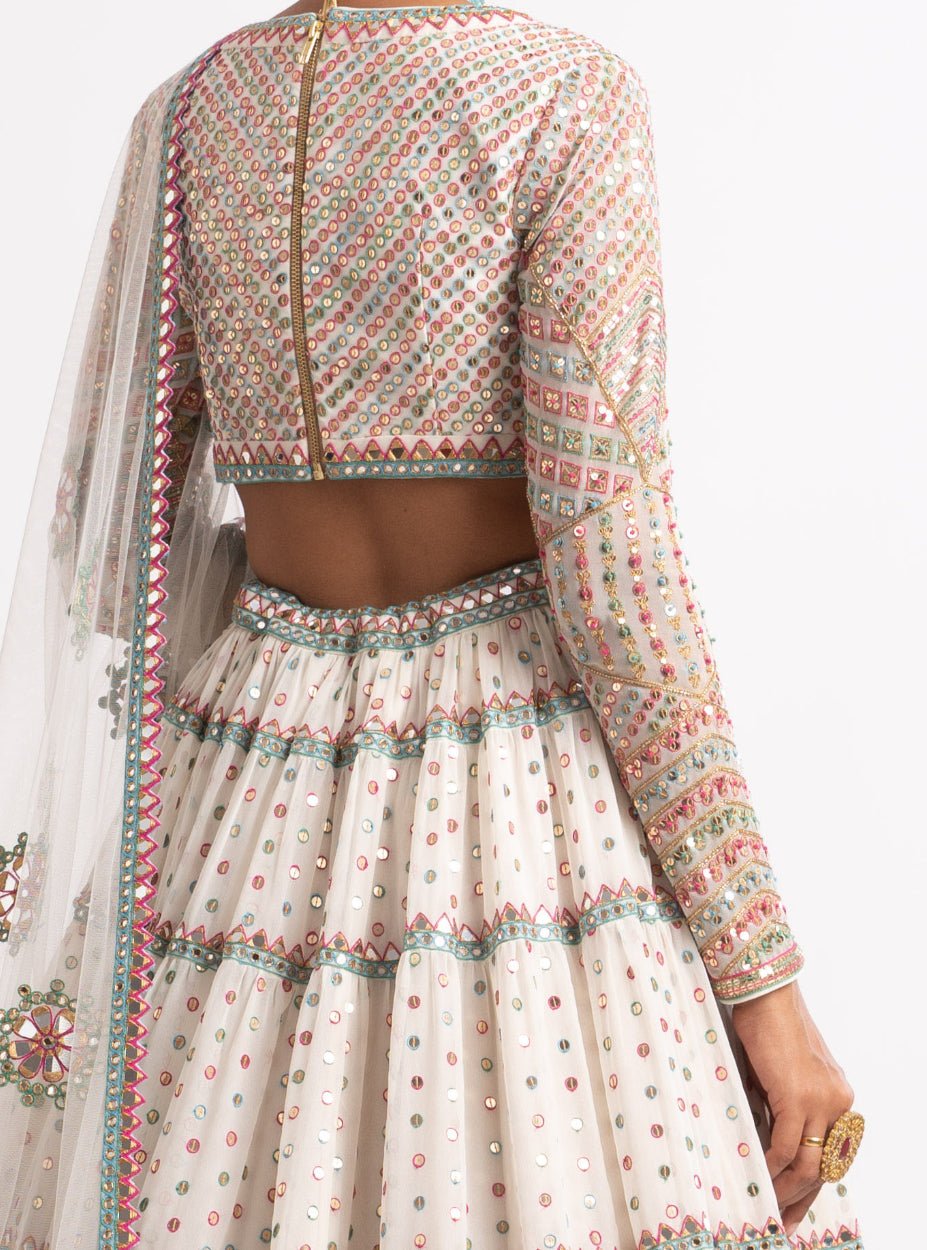 White Tiered V Neck Multicolour Lehenga Set Vvani by Vani Vats - Fabilicious Fashion