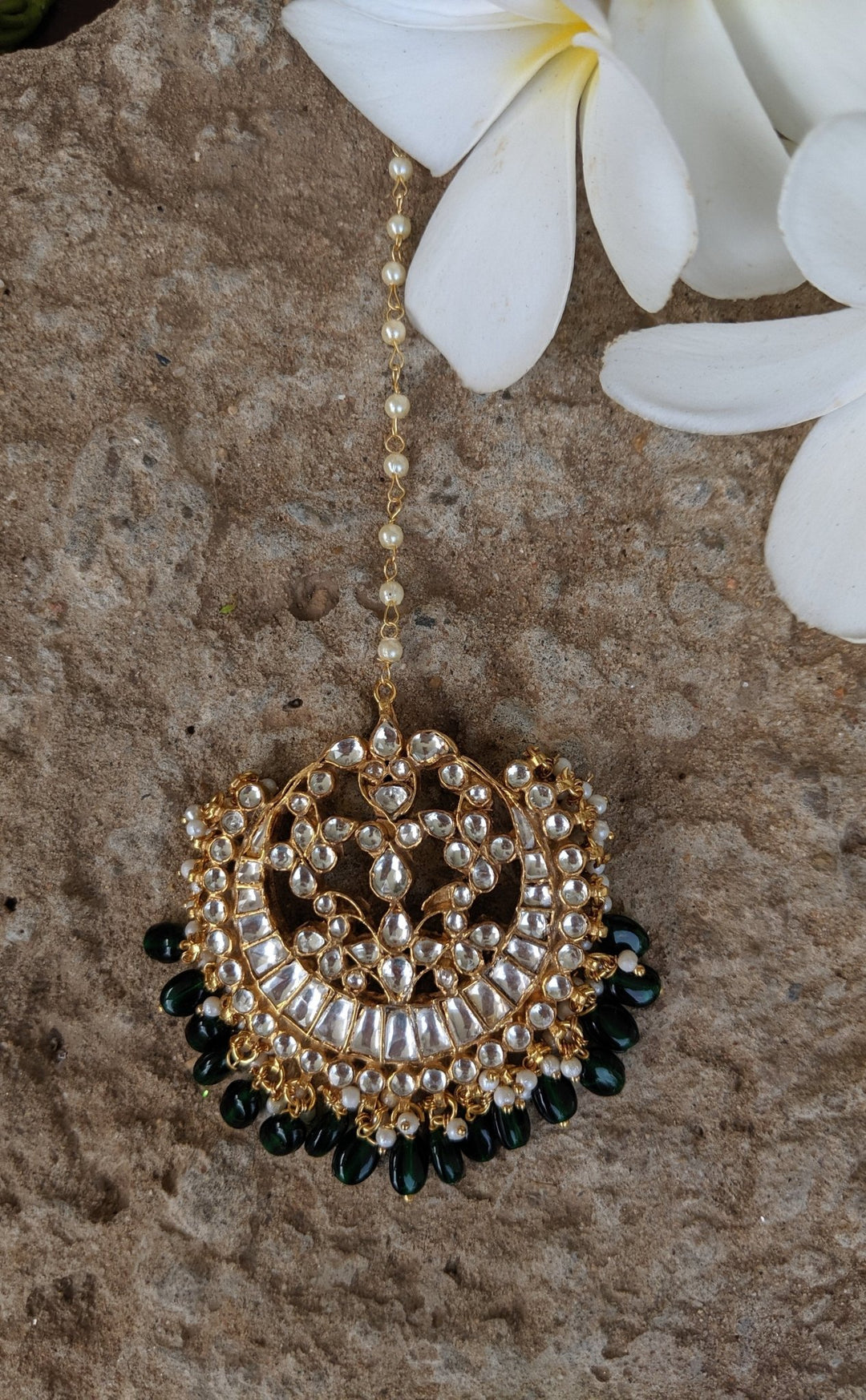 White Tikka With Green Hangings Riana by Shikha Jindal - Fabilicious Fashion