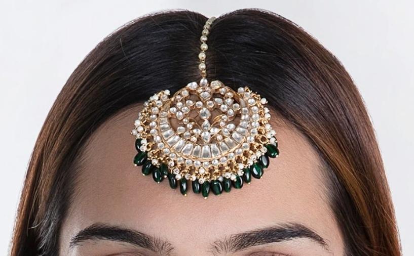 White Tikka With Green Hangings Riana by Shikha Jindal - Fabilicious Fashion