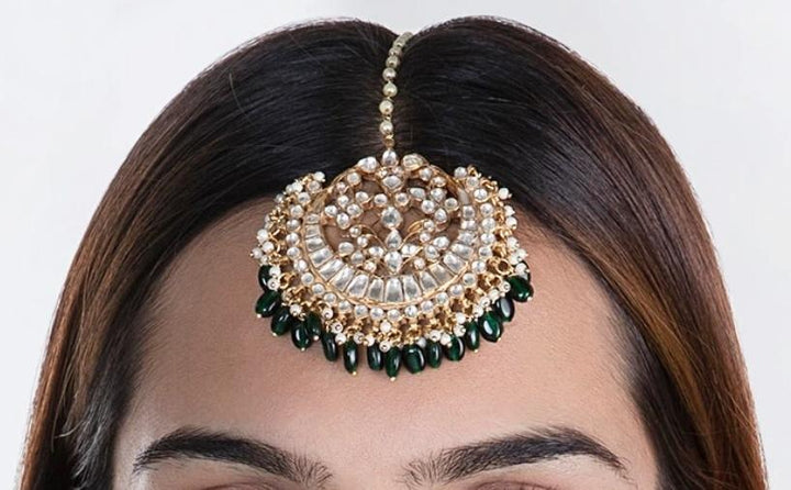 White Tikka With Green Hangings Riana by Shikha Jindal - Fabilicious Fashion
