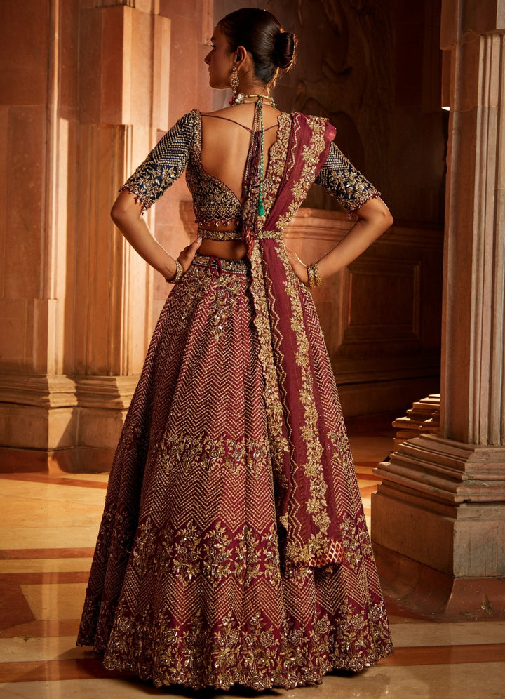 Wine and Navy Taffeta Lehenga Set And Belt With Tissue Dupatta Nitika Gujral - Fabilicious Fashion