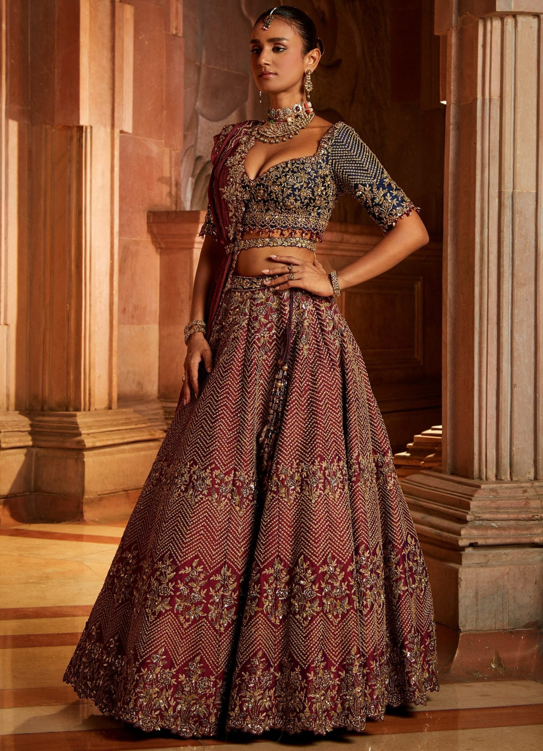 Wine and Navy Taffeta Lehenga Set And Belt With Tissue Dupatta Nitika Gujral - Fabilicious Fashion