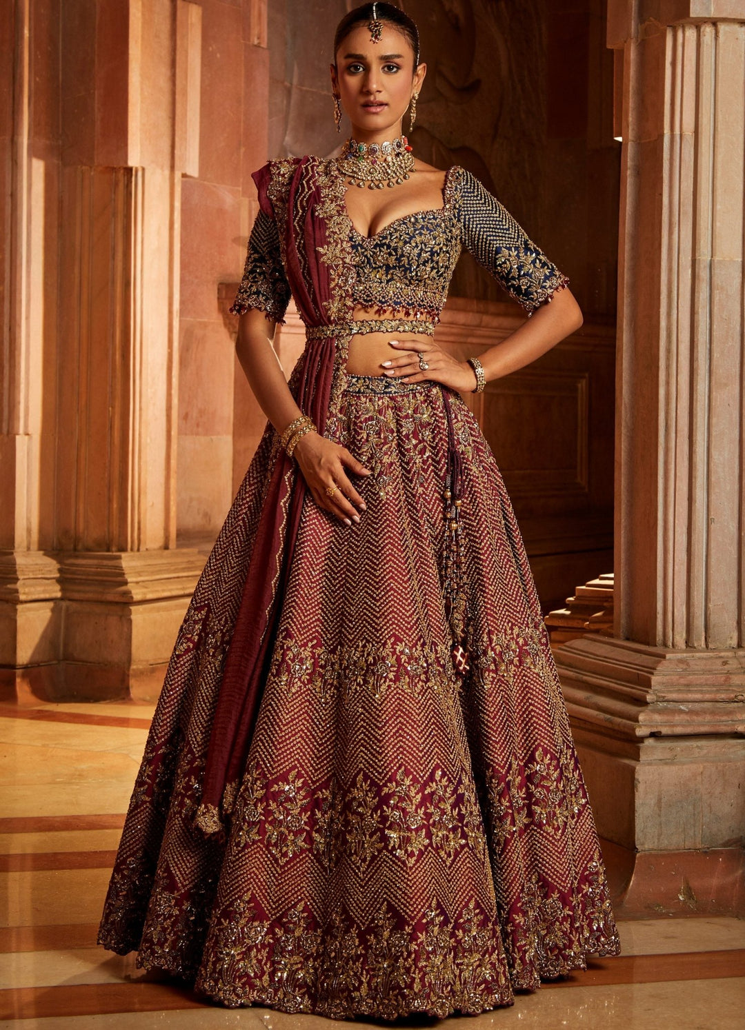 Wine and Navy Taffeta Lehenga Set And Belt With Tissue Dupatta Nitika Gujral - Fabilicious Fashion