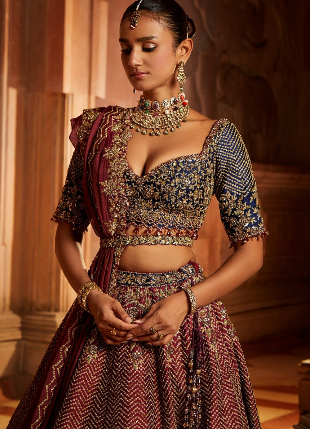 Wine and Navy Taffeta Lehenga Set And Belt With Tissue Dupatta Nitika Gujral - Fabilicious Fashion