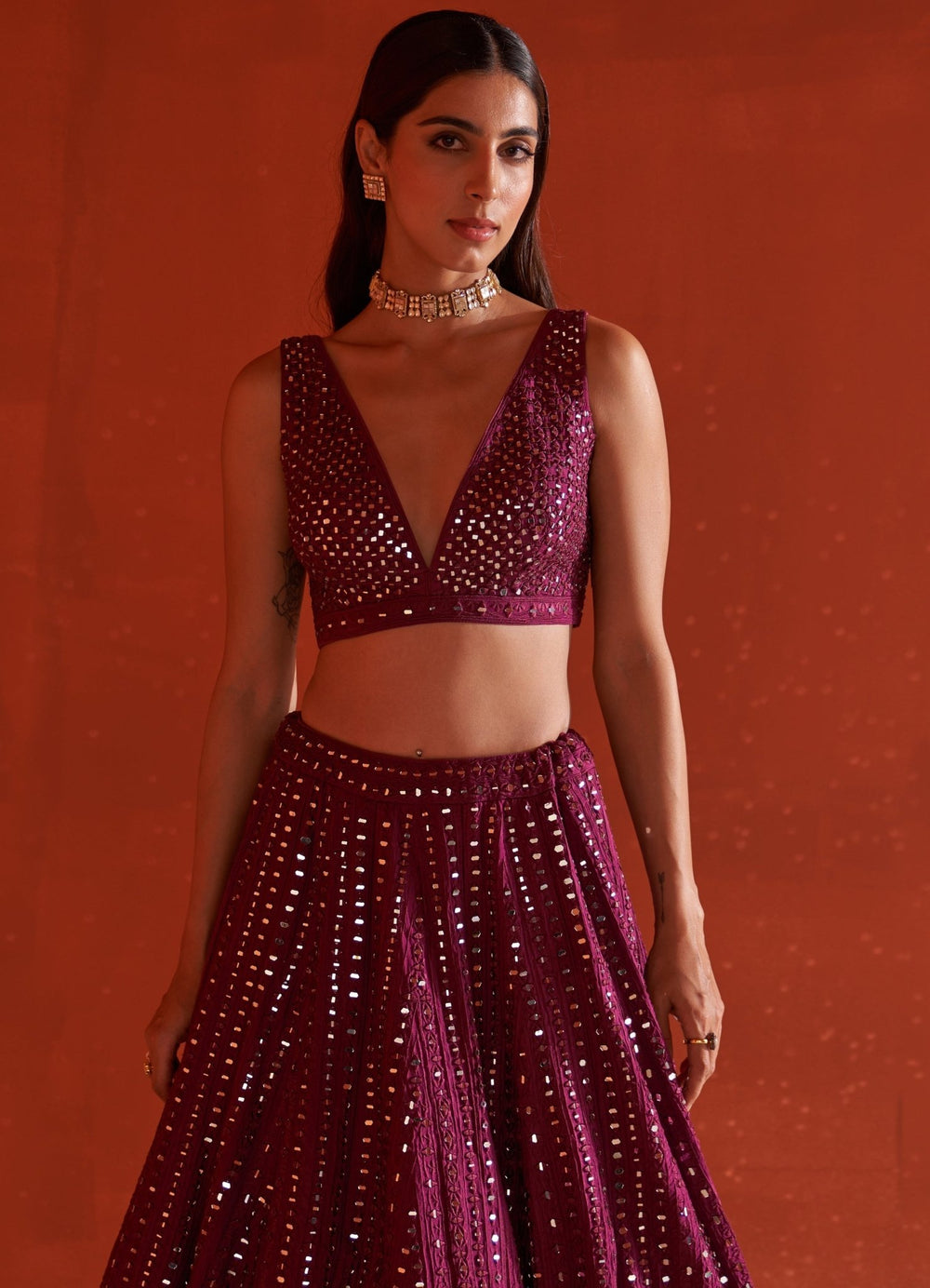 Wine Embellished Raw Silk Lehenga Set With Net Dupatta Fabilicious Fashion - Fabilicious Fashion