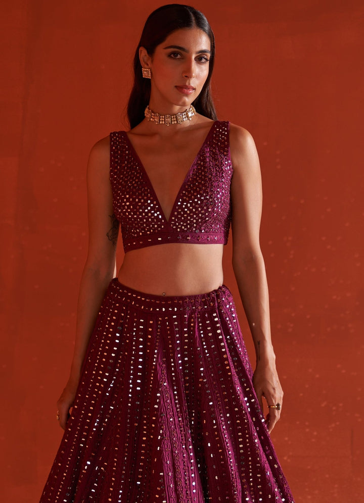Wine Embellished Raw Silk Lehenga Set With Net Dupatta Fabilicious Fashion - Fabilicious Fashion