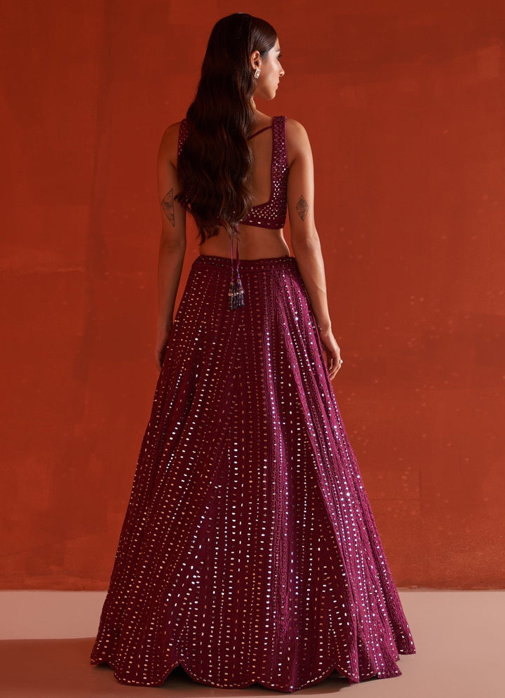 Wine Embellished Raw Silk Lehenga Set With Net Dupatta Fabilicious Fashion - Fabilicious Fashion
