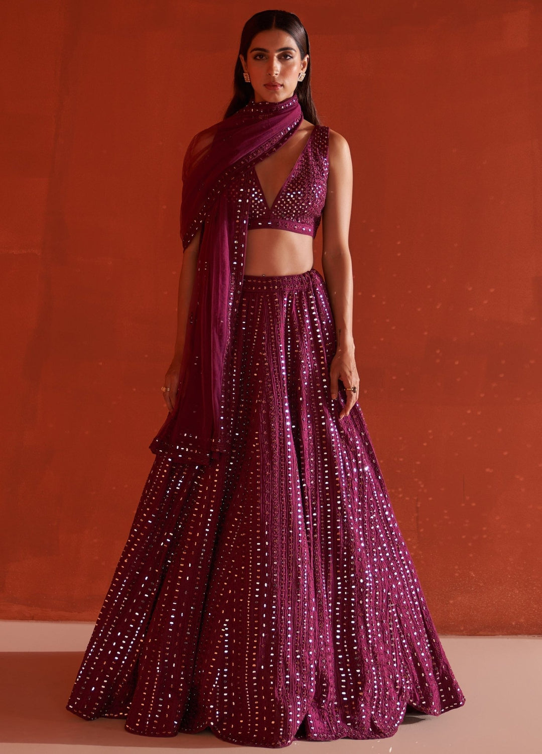 Wine Embellished Raw Silk Lehenga Set With Net Dupatta Fabilicious Fashion - Fabilicious Fashion