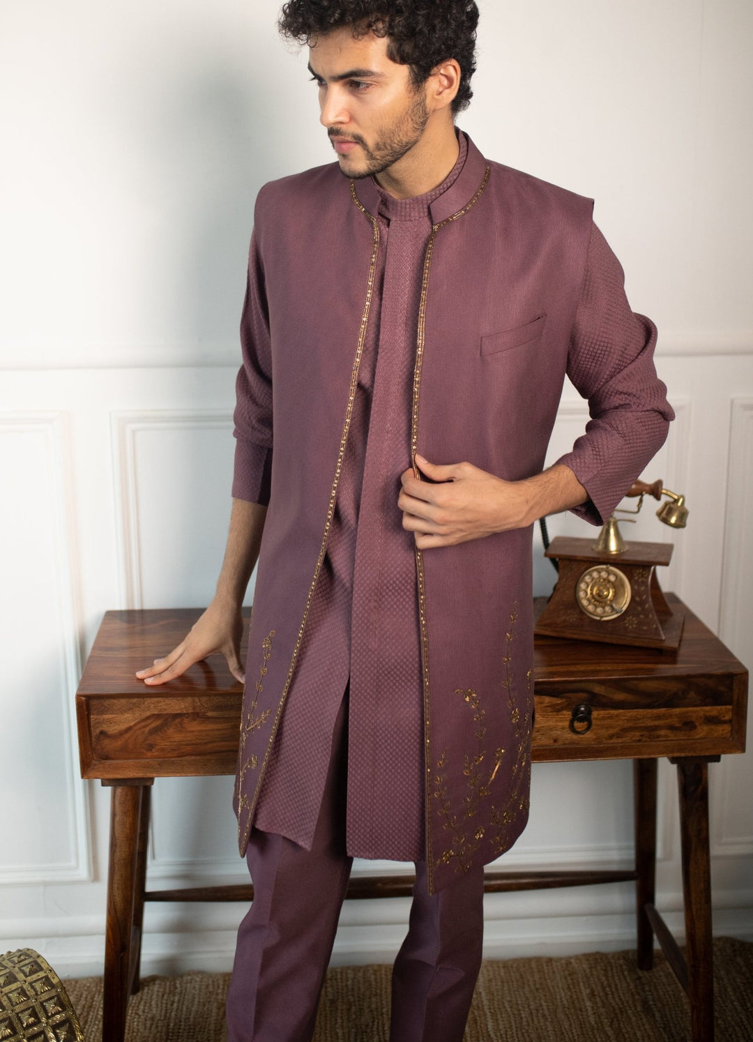 Wine Hand embroidered Kurta and pant set with shrug Contrast by Parth - Fabilicious Fashion