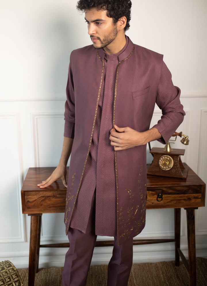 Wine Hand embroidered Kurta and pant set with shrug Contrast by Parth - Fabilicious Fashion