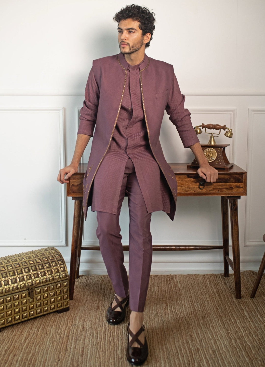 Wine Hand embroidered Kurta and pant set with shrug Contrast by Parth - Fabilicious Fashion