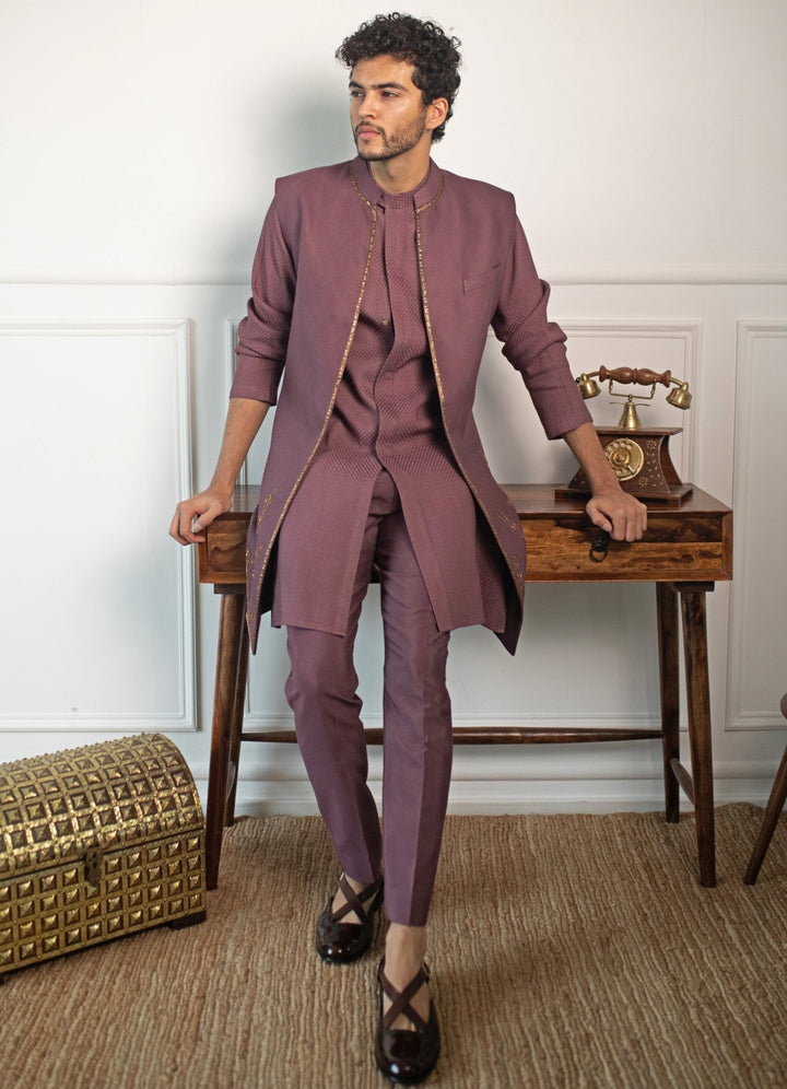 Wine Hand embroidered Kurta and pant set with shrug Contrast by Parth - Fabilicious Fashion