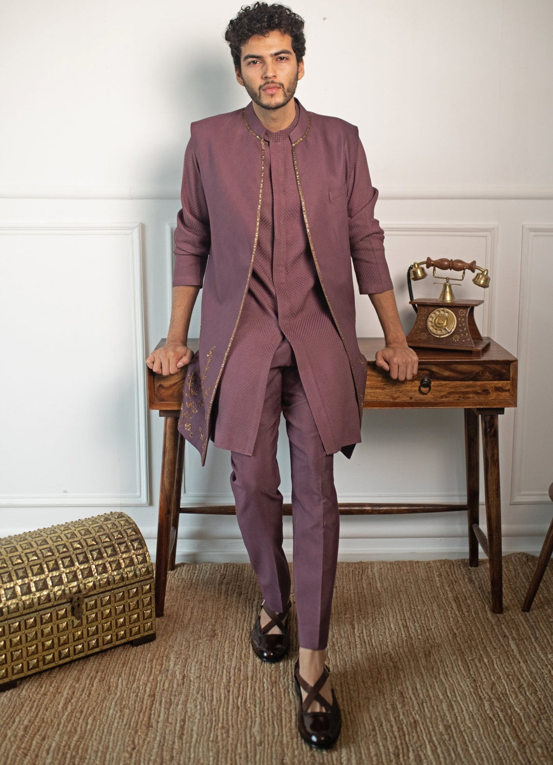 Wine Hand embroidered Kurta and pant set with shrug Contrast by Parth - Fabilicious Fashion