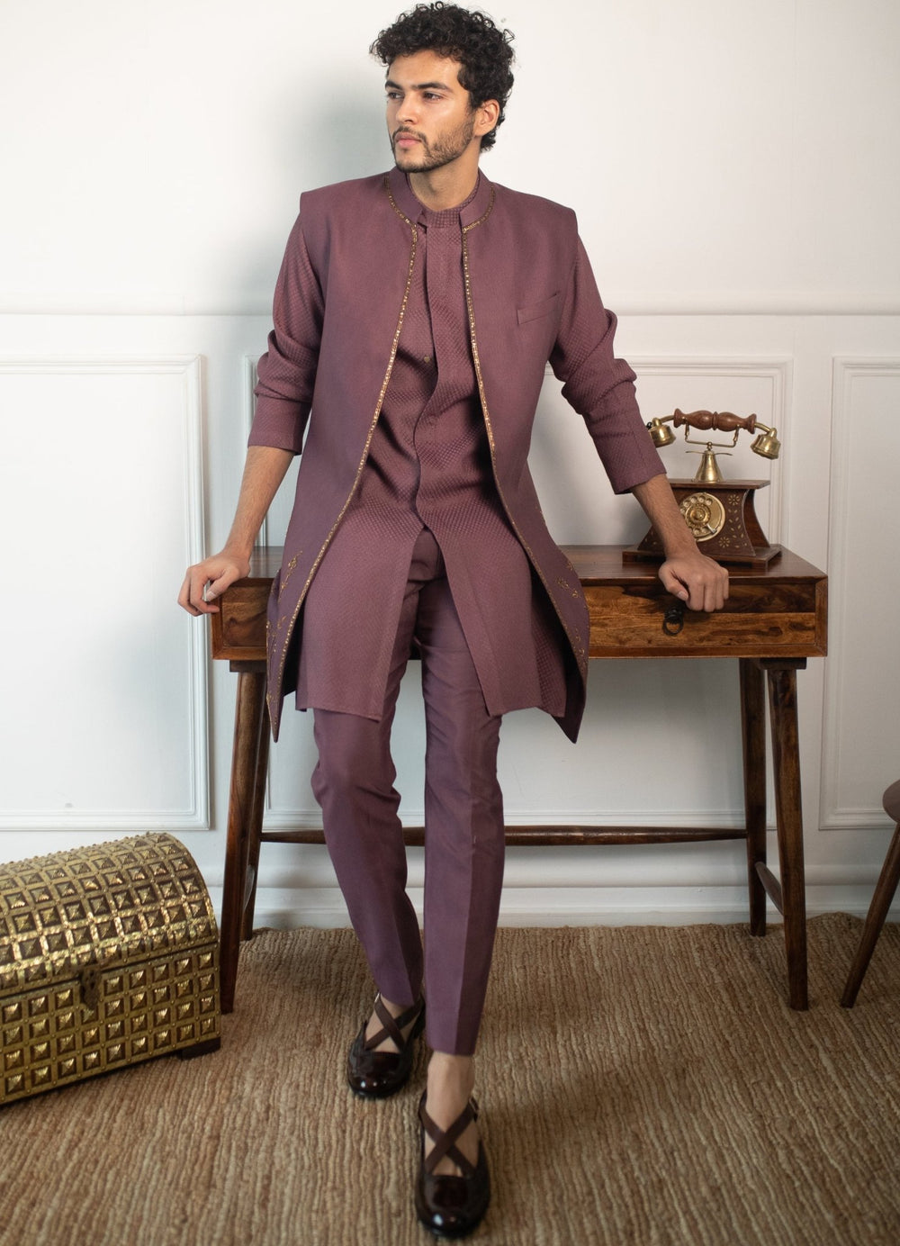 Wine Hand embroidered Kurta and pant set with shrug Contrast by Parth - Fabilicious Fashion