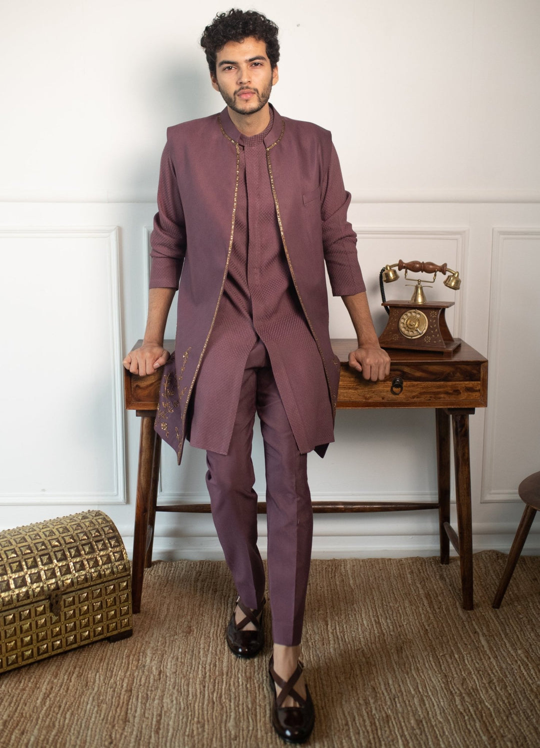 Wine Hand embroidered Kurta and pant set with shrug Contrast by Parth - Fabilicious Fashion