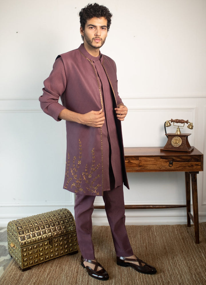 Wine Hand embroidered Kurta and pant set with shrug Contrast by Parth - Fabilicious Fashion