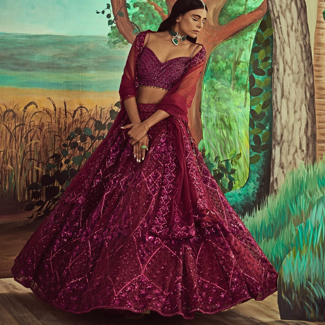 Wine Jewelled Lehenga Set Angad Singh - Fabilicious Fashion