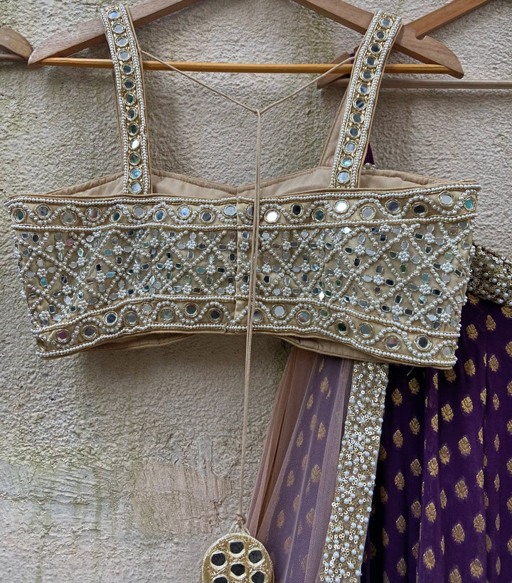 Wine Lehenga Set with Bustier Mirror work Blouse and Beige Dupatta Priti Sahni - Fabilicious Fashion
