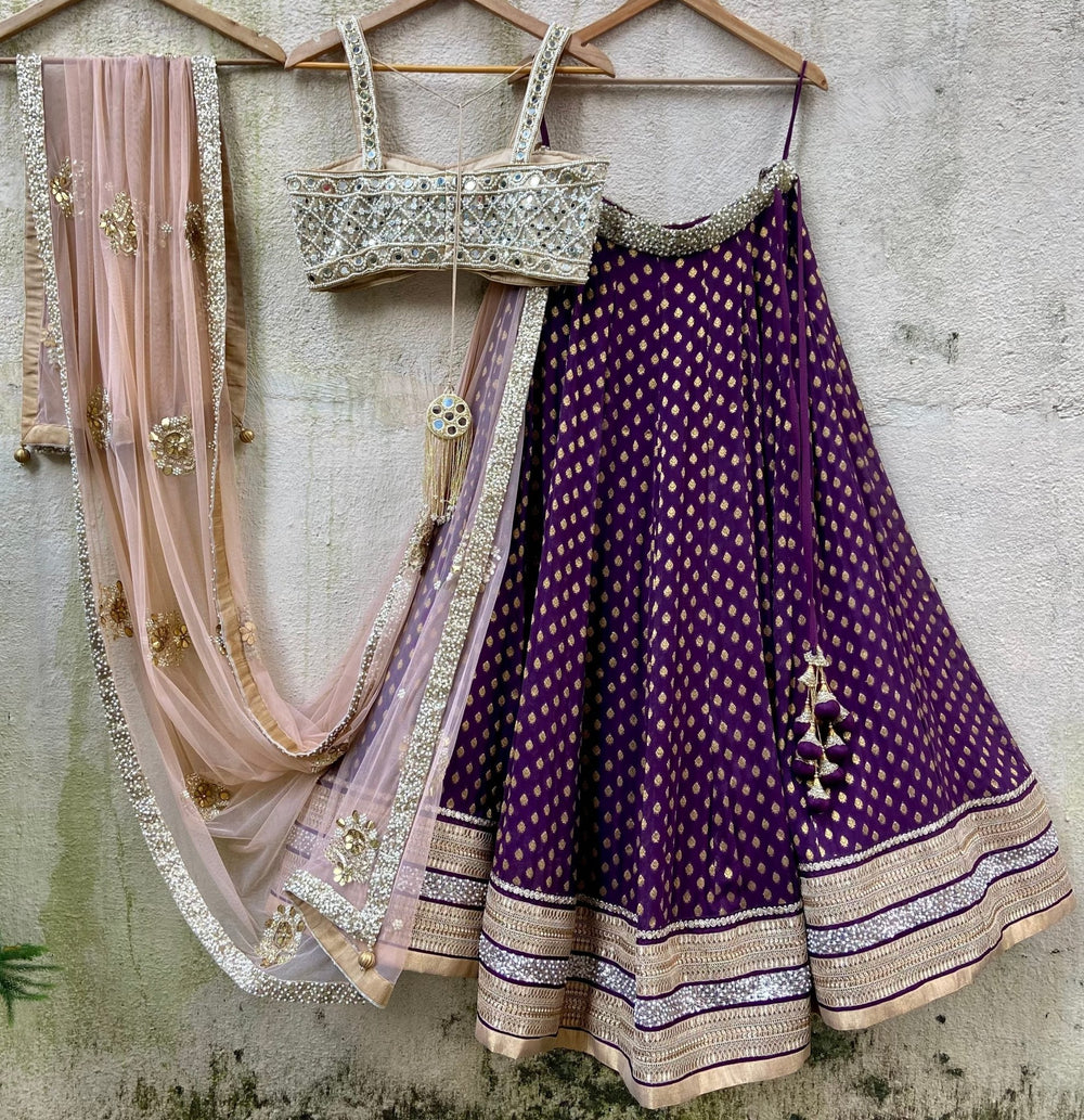 Wine Lehenga Set with Bustier Mirror work Blouse and Beige Dupatta Priti Sahni - Fabilicious Fashion