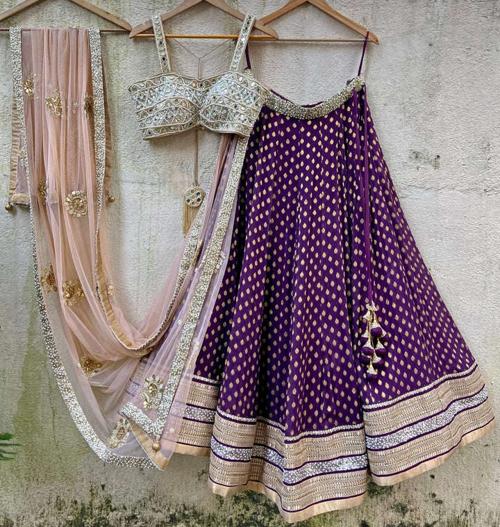 Wine Lehenga Set with Bustier Mirror work Blouse and Beige Dupatta Priti Sahni - Fabilicious Fashion