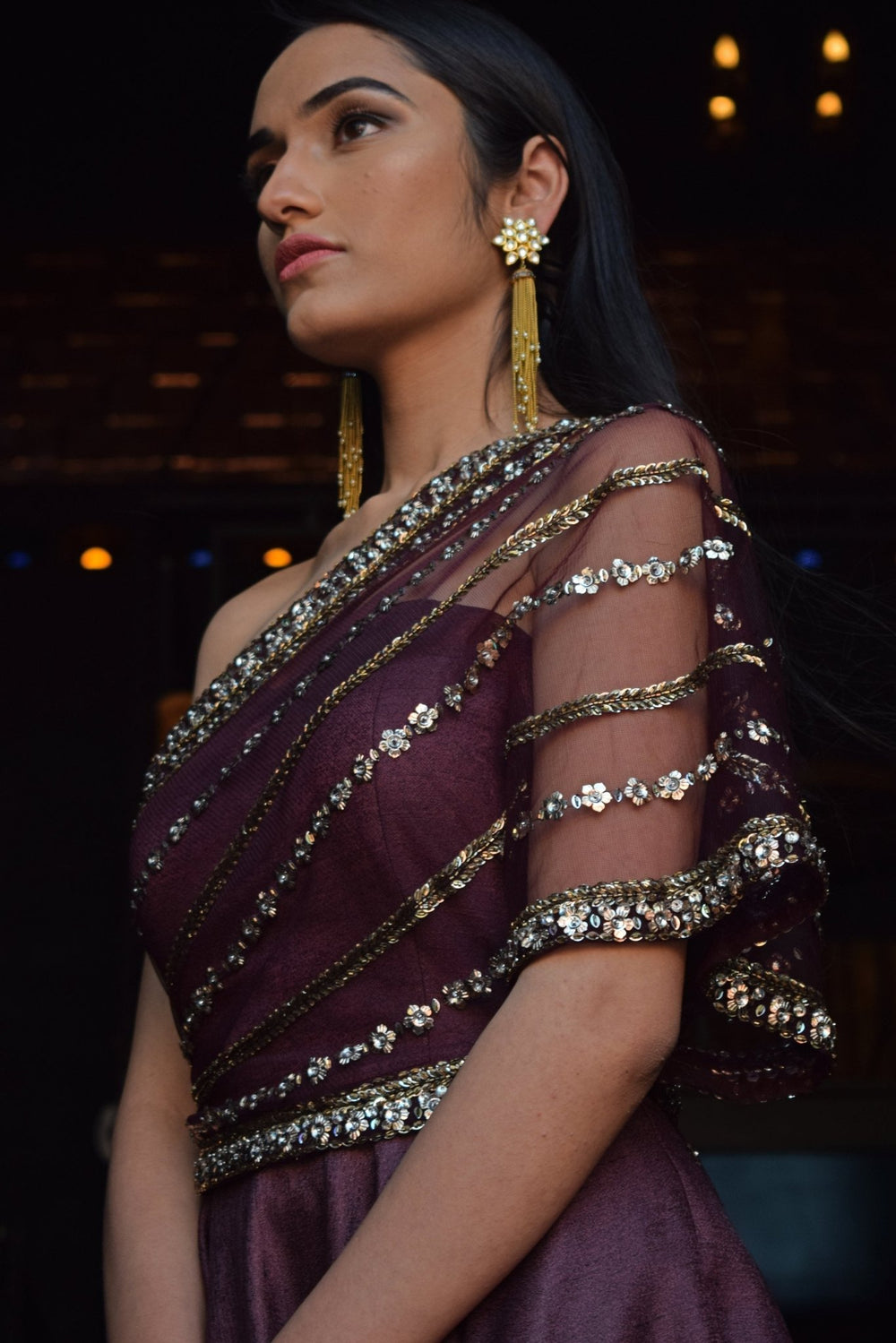 Wine One Shoulder Gown Parul Gandhi - Fabilicious Fashion