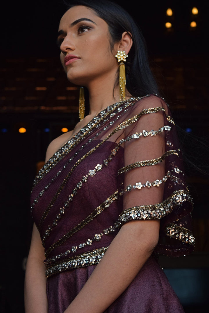 Wine One Shoulder Gown Parul Gandhi - Fabilicious Fashion