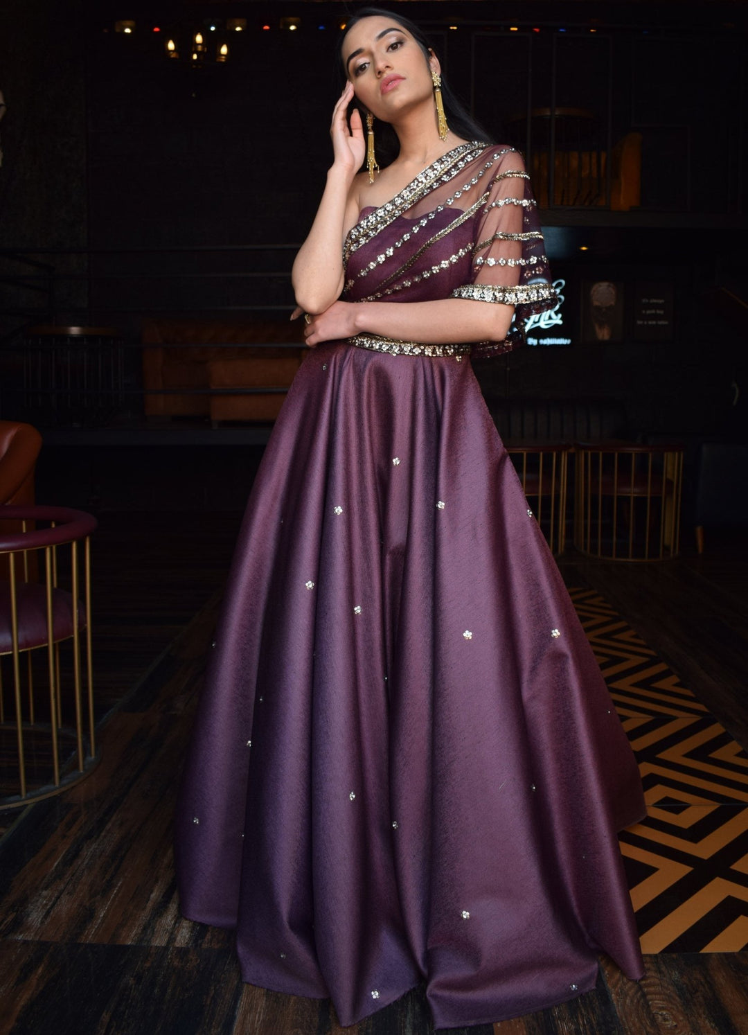 Wine One Shoulder Gown Parul Gandhi - Fabilicious Fashion