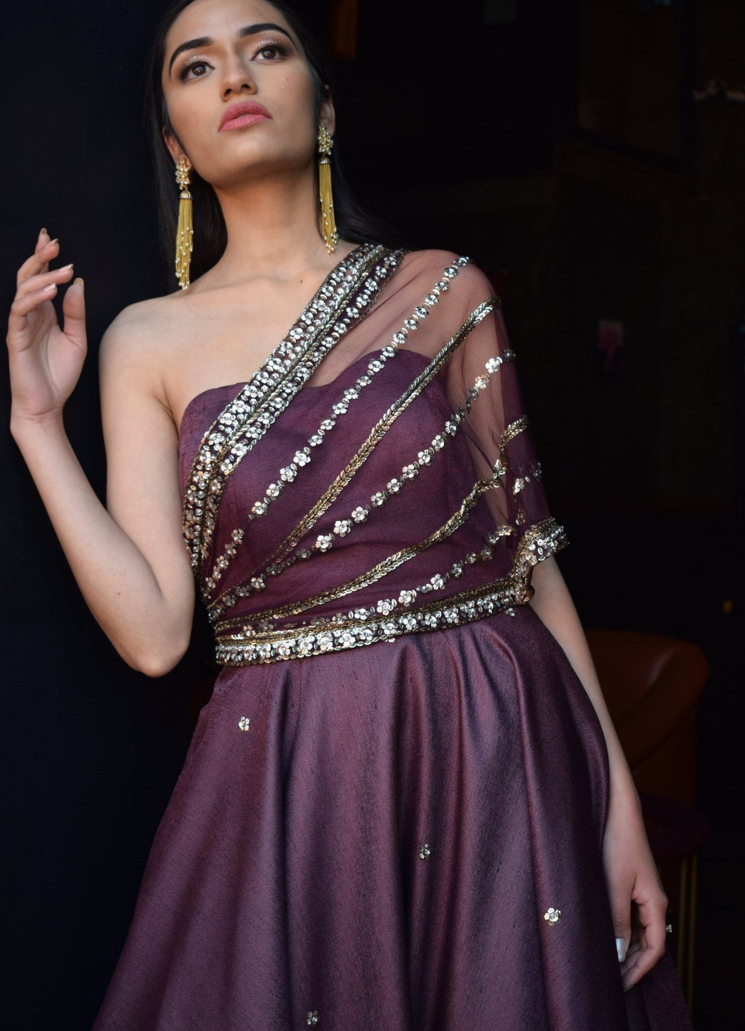Wine One Shoulder Gown Parul Gandhi - Fabilicious Fashion
