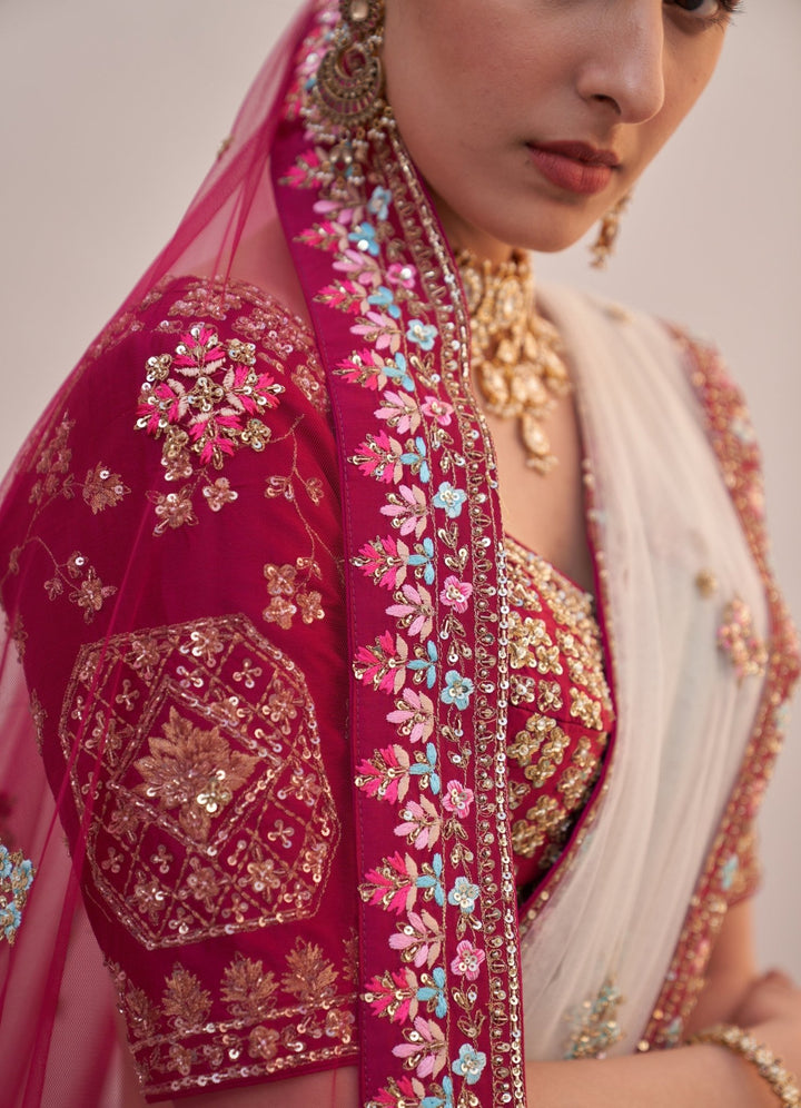 Wine Raw Silk Threadwork Floral Double Dupatta Lehenga Set Angad Singh - Fabilicious Fashion