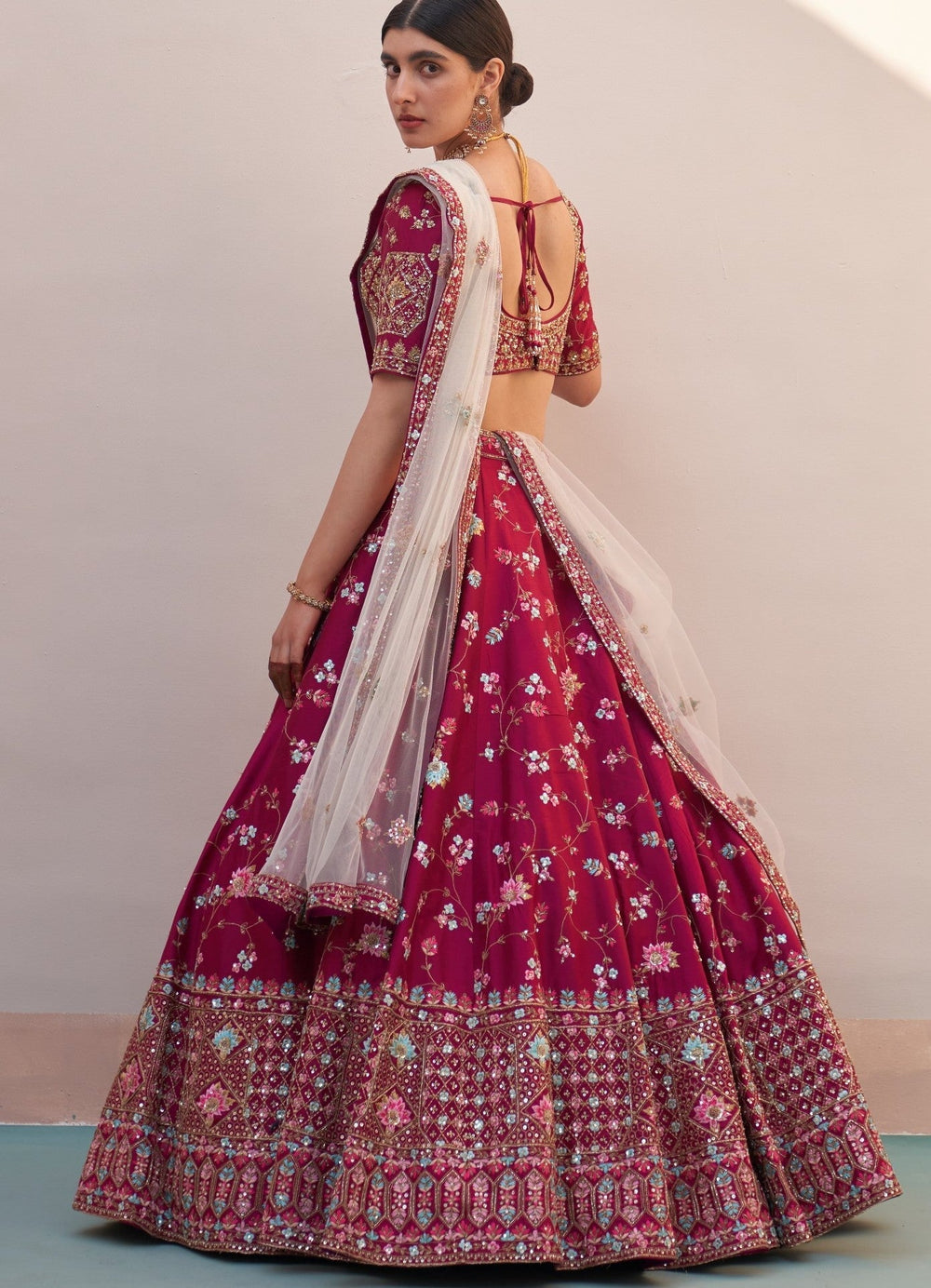 Wine Raw Silk Threadwork Floral Double Dupatta Lehenga Set Angad Singh - Fabilicious Fashion