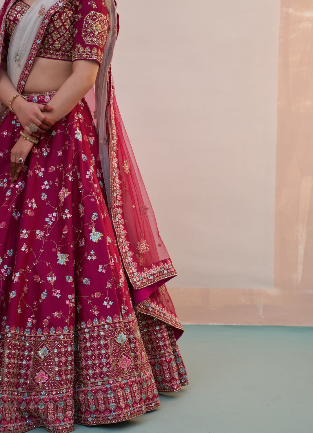 Wine Raw Silk Threadwork Floral Double Dupatta Lehenga Set Angad Singh - Fabilicious Fashion
