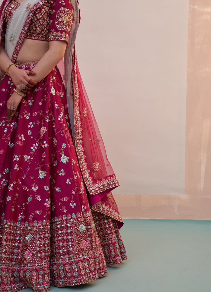 Wine Raw Silk Threadwork Floral Double Dupatta Lehenga Set Angad Singh - Fabilicious Fashion
