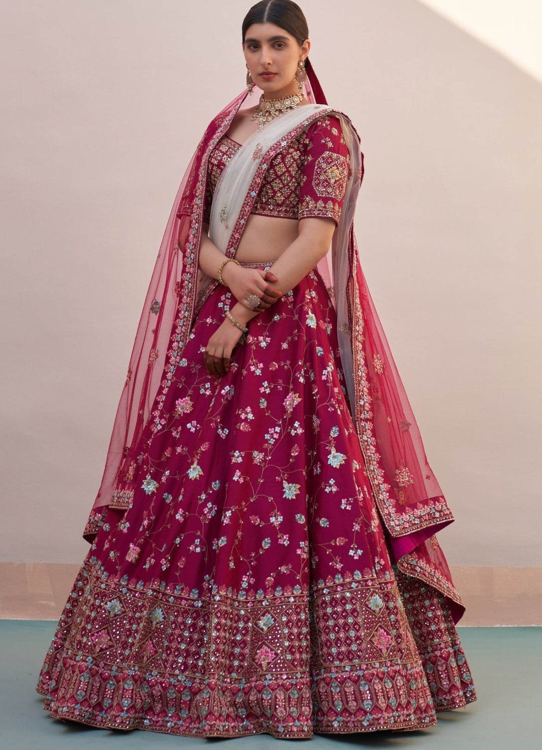 Wine Raw Silk Threadwork Floral Double Dupatta Lehenga Set Angad Singh - Fabilicious Fashion