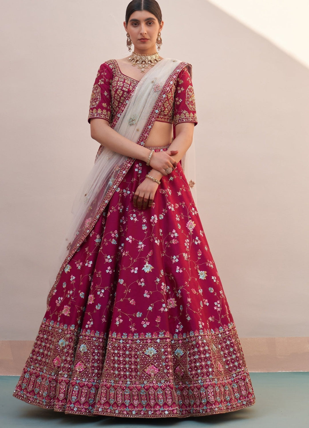 Wine Raw Silk Threadwork Floral Double Dupatta Lehenga Set Angad Singh - Fabilicious Fashion