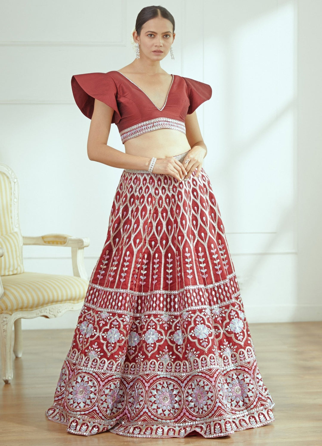 Yasmine Crimson Organza Lehenga Set Studio Iris - Fabilicious Fashion