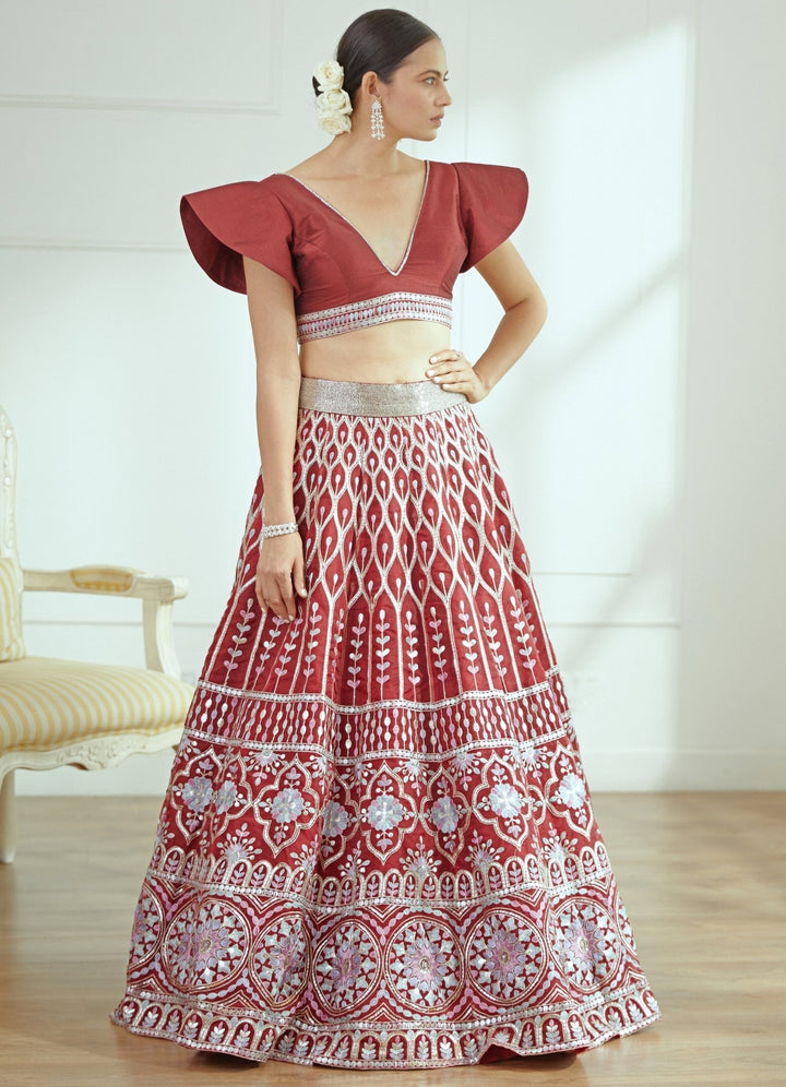 Yasmine Crimson Organza Lehenga Set Studio Iris - Fabilicious Fashion