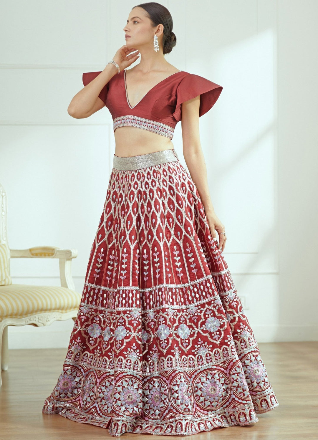 Yasmine Crimson Organza Lehenga Set Studio Iris - Fabilicious Fashion