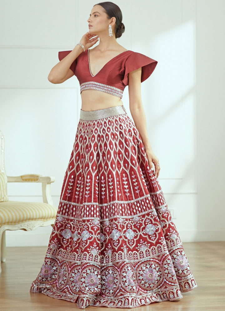 Yasmine Crimson Organza Lehenga Set Studio Iris - Fabilicious Fashion