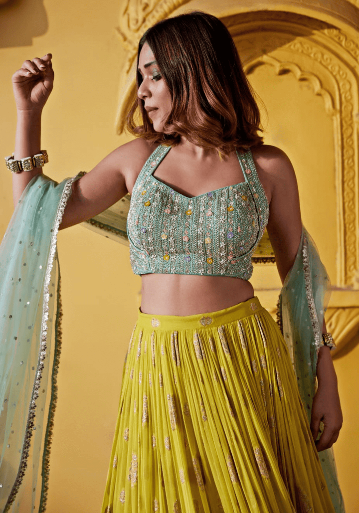 Yellow And Blue Shaded Embroidered Lehenga Set Chamee and Palak - Fabilicious Fashion