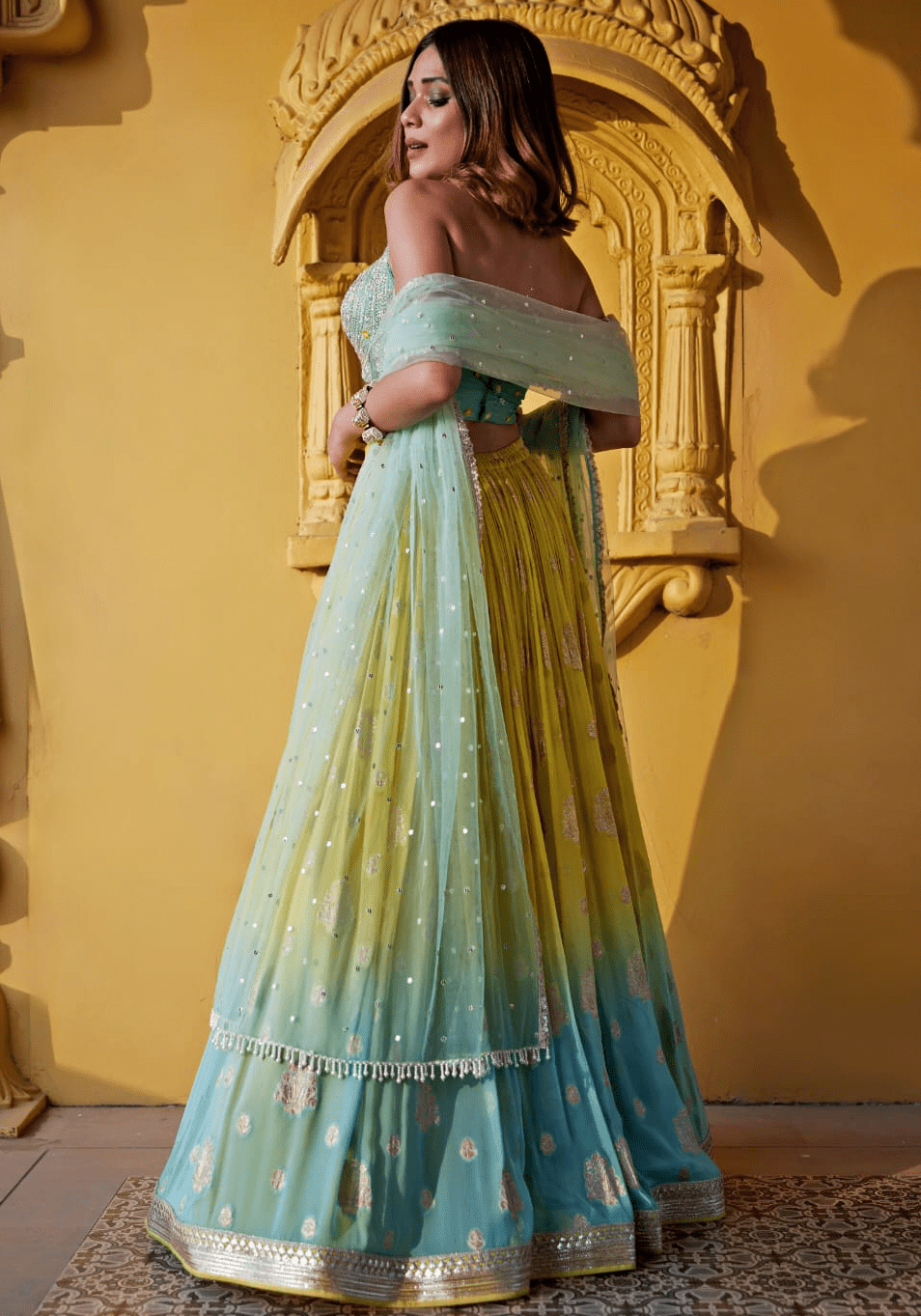 Yellow And Blue Shaded Embroidered Lehenga Set Chamee and Palak - Fabilicious Fashion
