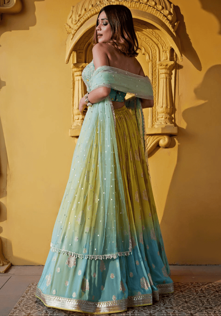 Yellow And Blue Shaded Embroidered Lehenga Set Chamee and Palak - Fabilicious Fashion