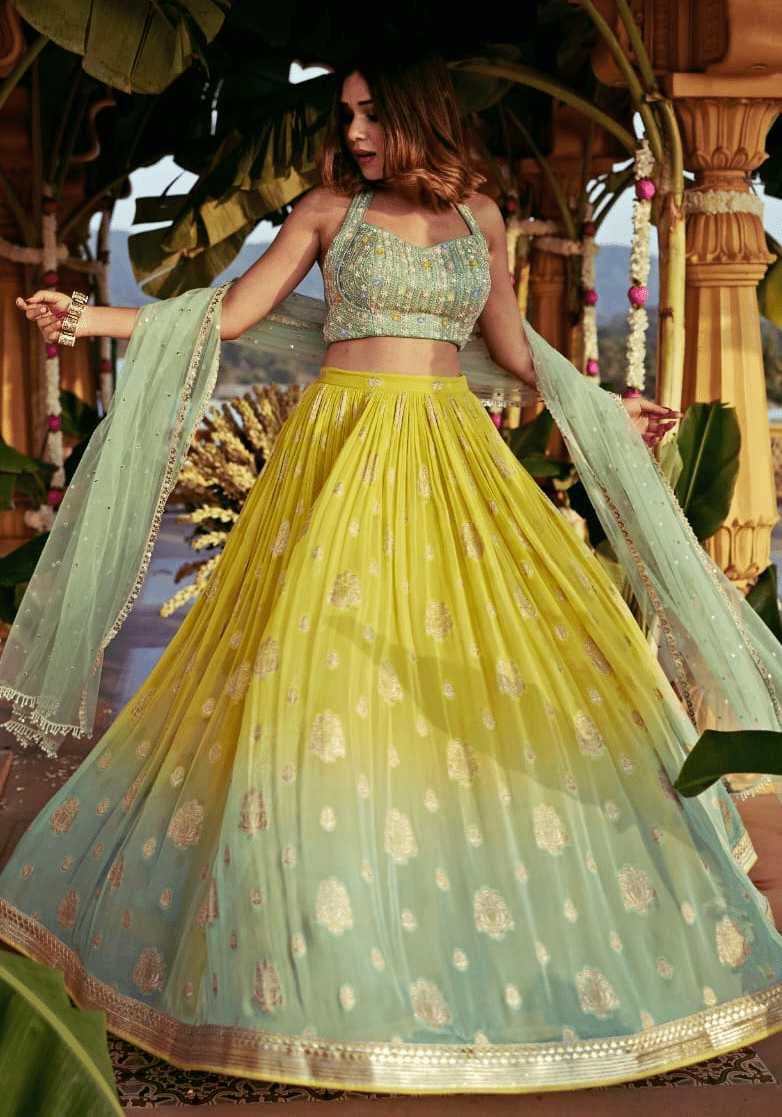 Yellow And Blue Shaded Embroidered Lehenga Set Chamee and Palak - Fabilicious Fashion