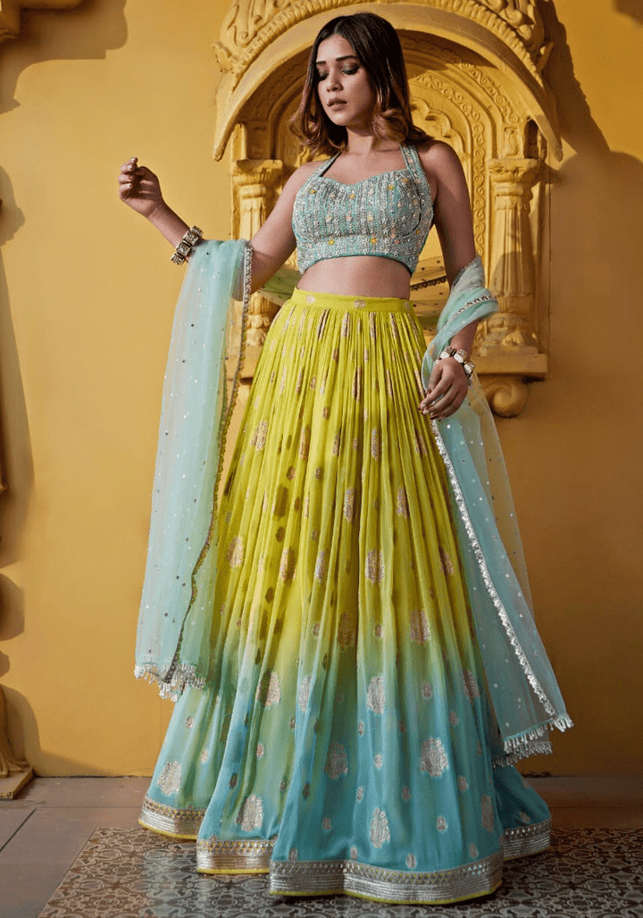 Yellow And Blue Shaded Embroidered Lehenga Set Chamee and Palak - Fabilicious Fashion