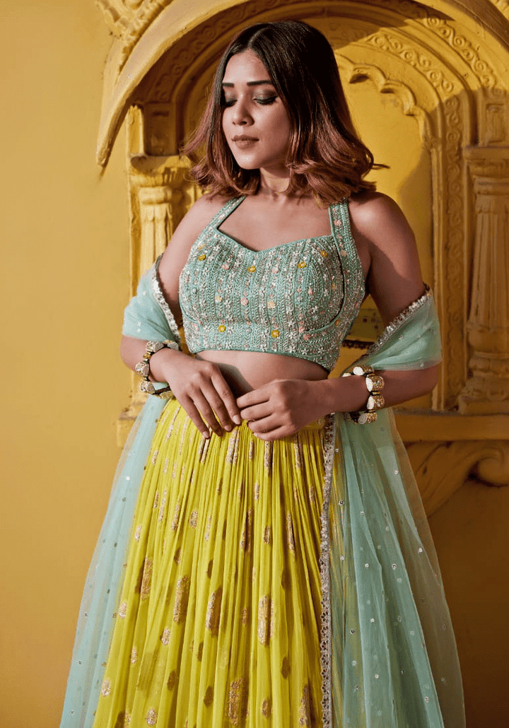 Yellow And Blue Shaded Embroidered Lehenga Set Chamee and Palak - Fabilicious Fashion