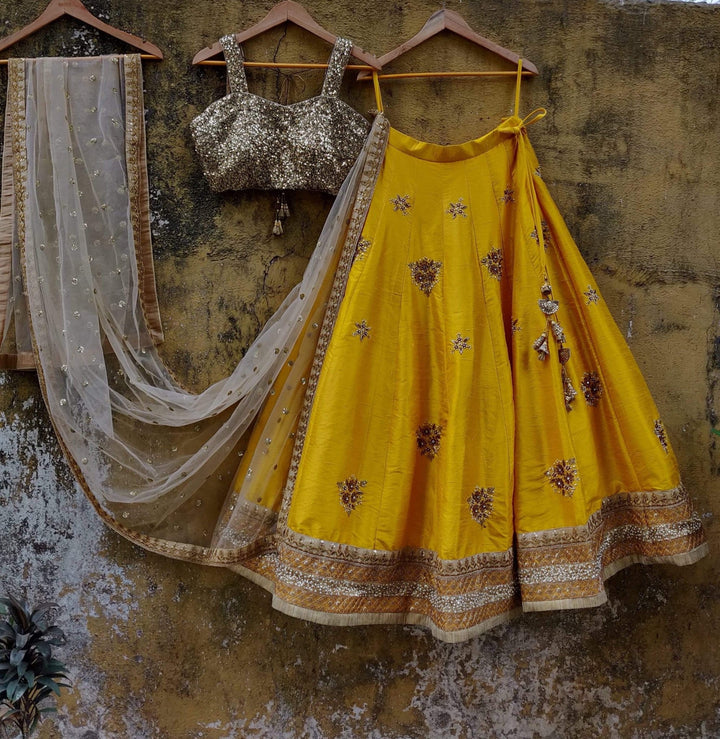 Yellow and Gold Raw Silk Lehenga Set Priti Sahni - Fabilicious Fashion